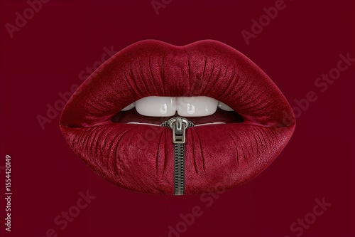 Red Lips with Zipper Closed Over Mouth on Burgundy Background