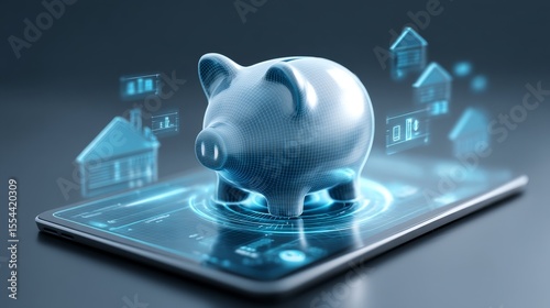 On a tablet, a metallic piggy bank sits, set against a backdrop of a house, surrounded by floating digital icons that represent modern financial management and saving