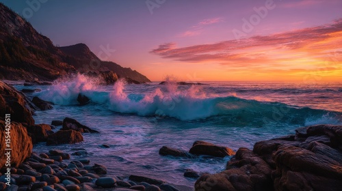 Rocky shoreline at sunrise with crashing waves, nature power, space for quote