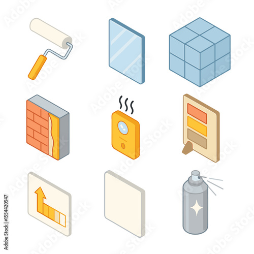 High-Albedo Facade Icons. Isometric Flat icon set of high-albedo facade treatments: white paint roller, reflective facade panel,