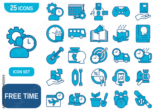 A vector illustration showcasing a collection of 25 icon set. This set is perfect for illustrating concepts related to recreation, hobbies, entertainment, and work-life balance.