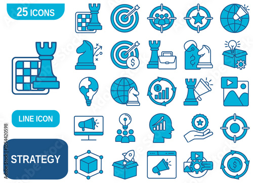 A comprehensive set of 25 icons representing various aspects of business strategy, planning, and decision-making. Ideal for presentations, websites, and marketing materials.