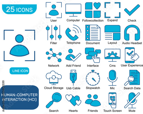 A comprehensive set of 25 vector icons related to Human-Computer Interaction (HCI) concepts.