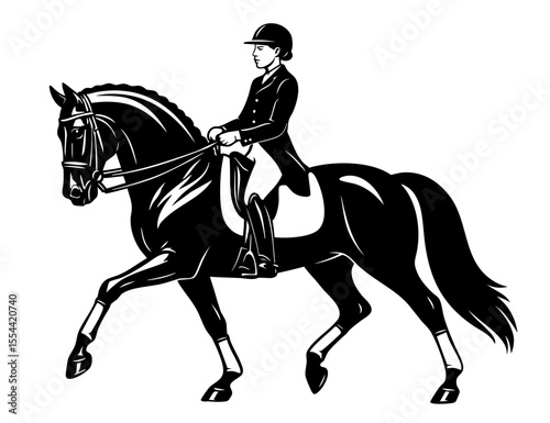 Dressage rider in formal outfit riding a horse, black and white vector illustration photo