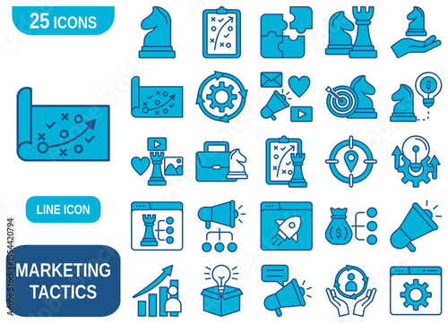 A comprehensive set of 25 vector icons representing various marketing tactics and business strategy concepts.