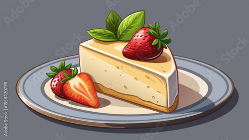 cheesecake, dessert, strawberries, mint, sweet, food, creamy, cake, slice, fresh, fruit, ceramic plate, artistic, texture, photorealistic, soft shadows, delicious, gourmet, restaurant, homemade, elega