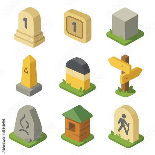 Historical Marker Icons. Isometric Flat icon set of Historical Milestones and Boundary Stones: milestone post marker, mile marker