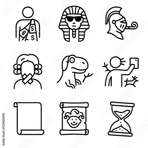 Historical Icon Parody Set. Outline icon set of historical parody icons: toga made of dollar bills, pharaoh with sunglasses,