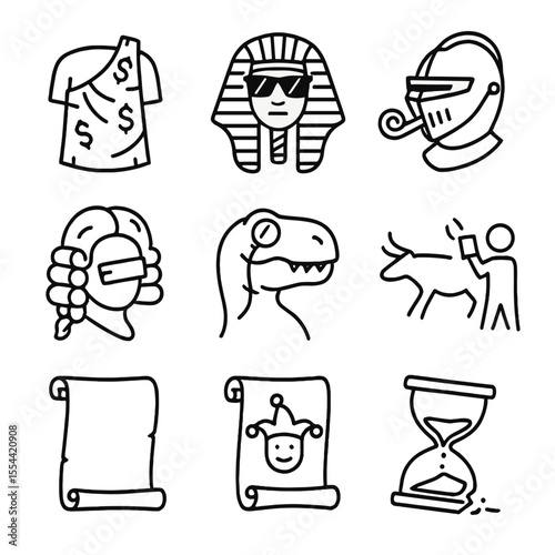 Historical Icon Parody Set. Outline icon set of historical parody icons: toga made of dollar bills, pharaoh with sunglasses,