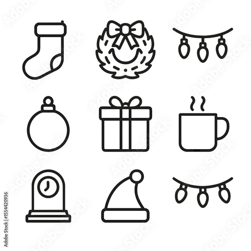 Holiday Icon Set. Outline icon set of Holiday Gathering by Fireplace: Christmas stocking, festive wreath, garland with lights,