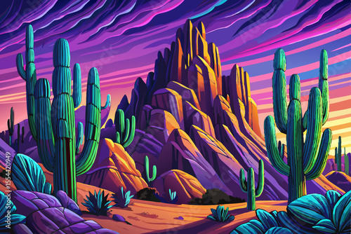Saguaro National Park East at sunset time, Tucson, Arizona amazing sky and Group of Tall Saguaro Cactus Plants