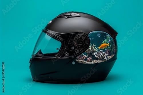 Black Motorcycle Helmet with Built-in Aquarium