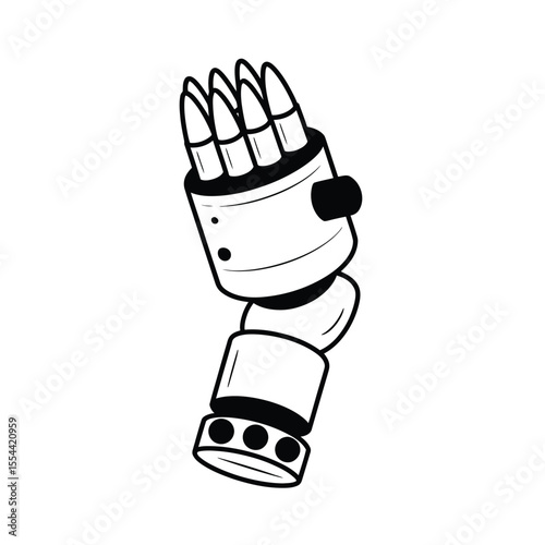 Stylized illustration of a robotic arm holding bullets in a white background
