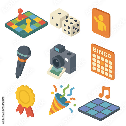 Holiday Party Games Icons. Isometric Flat icon set of holiday party games and activities: board game, dice, charades card, karaoke