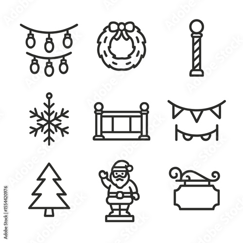 Holiday Rink Decorations. Outline icon set of holiday ice rink decorations: string lights, wreath, candy cane pole, snowflake