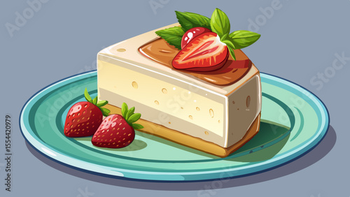 cheesecake, dessert, strawberries, mint, sweet, food, creamy, cake, slice, fresh, fruit, ceramic plate, artistic, texture, photorealistic, soft shadows, delicious, gourmet, restaurant, homemade, elega