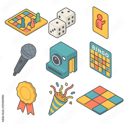 Holiday Party Games Icons. Isometric Flat icon set of holiday party games and activities: board game, dice, charades card, karaoke