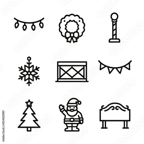 Holiday Rink Decorations. Outline icon set of holiday ice rink decorations: string lights, wreath, candy cane pole, snowflake