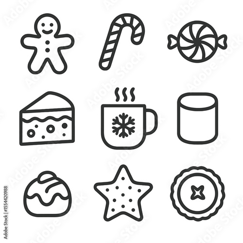 Holiday Treat Icon Set. Outline icon set of Holiday Treats and Sweets: gingerbread cookie, candy cane, peppermint candy, fruitcake