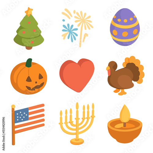 Holiday Icon Set. Isometric Flat icon set of holiday calendar icons: Christmas tree, New Year’s fireworks, Easter egg, Halloween