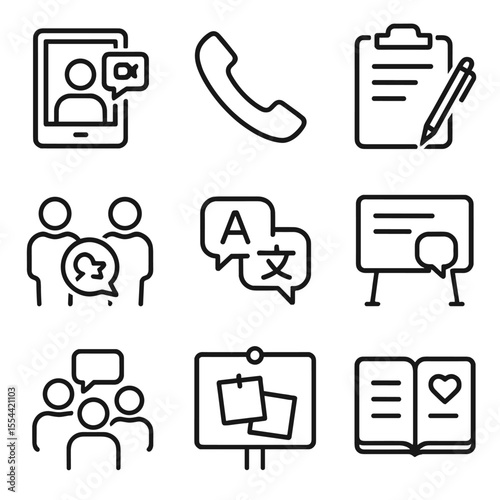Hospital Communication Icons. Outline icon set of communication tools in hospital: video call tablet, phone handset, notepad and