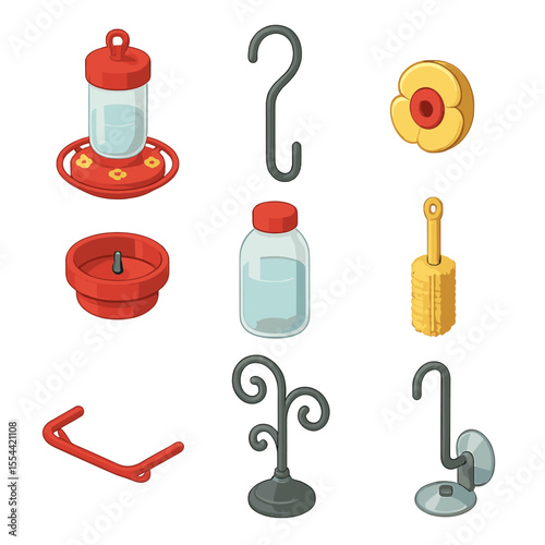 Hummingbird Feeder Icon Set. Isometric Flat icon set of hummingbird feeders and accessories: glass nectar feeder, hanging hook,