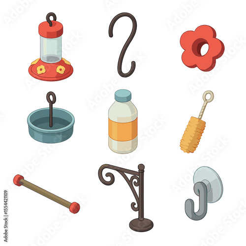 Hummingbird Feeder Icon Set. Isometric Flat icon set of hummingbird feeders and accessories: glass nectar feeder, hanging hook,