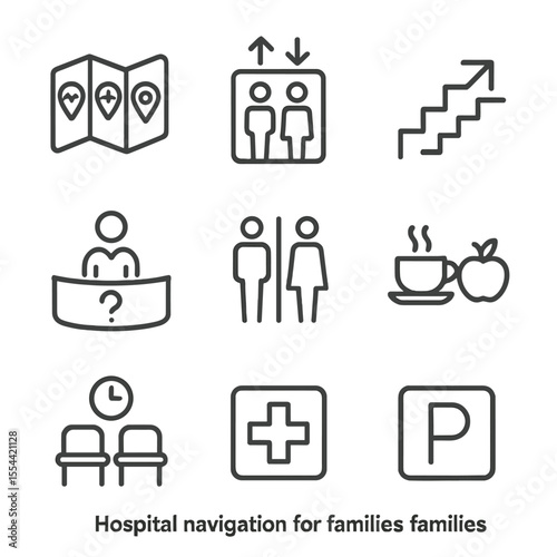 Hospital Navigation Icons. Outline icon set of hospital navigation for families: map with department icons, elevators, stairwell