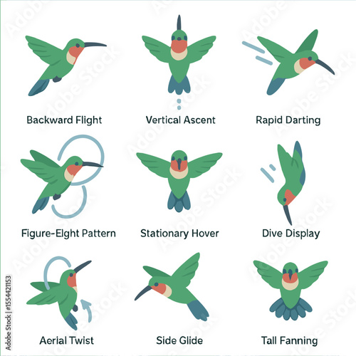 Hummingbird Flight Icons. Isometric Flat icon set of hummingbird flight maneuvers: backward flight, vertical ascent, rapid darting