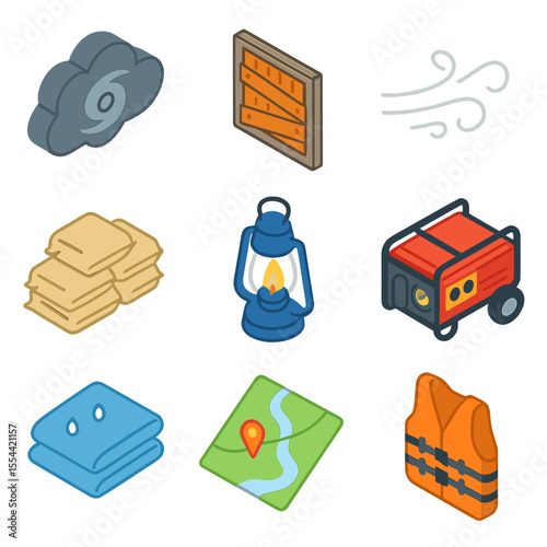 Hurricane Preparedness Icons. Isometric Flat icon set of Hurricane and Cyclone Preparedness: storm cloud with spiral eye,
