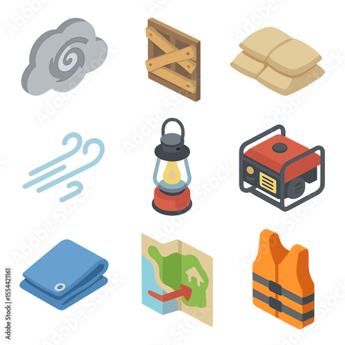 Hurricane Preparedness Icons. Isometric Flat icon set of Hurricane and Cyclone Preparedness: storm cloud with spiral eye,