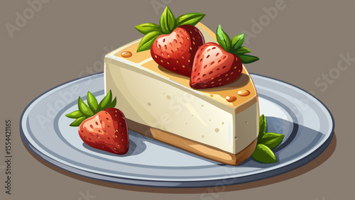 cheesecake, dessert, strawberries, mint, sweet, food, creamy, cake, slice, fresh, fruit, ceramic plate, artistic, texture, photorealistic, soft shadows, delicious, gourmet, restaurant, homemade, elega