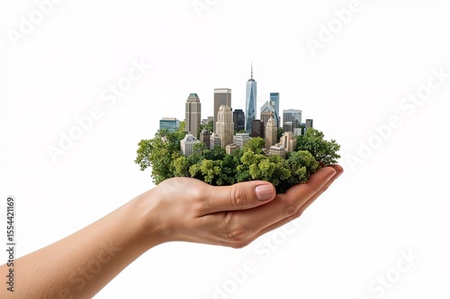Hand Holding a Miniature City Surrounded by Trees