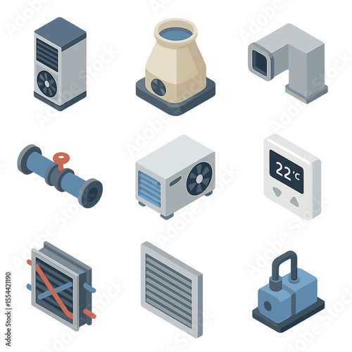 HVAC System Icons. Isometric Flat icon set of cooling and HVAC systems: CRAC unit, cooling tower, HVAC duct, chilled water pipe,