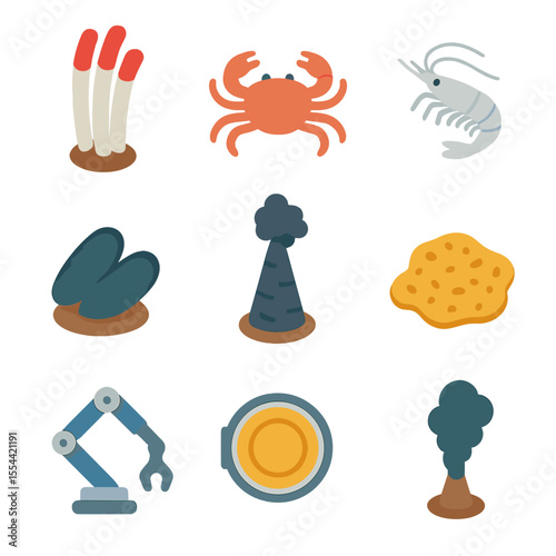 Hydrothermal Vent Ecosystem Icons. Isometric Flat icon set of hydrothermal vent ecosystems: giant tube worm, vent crab, vent