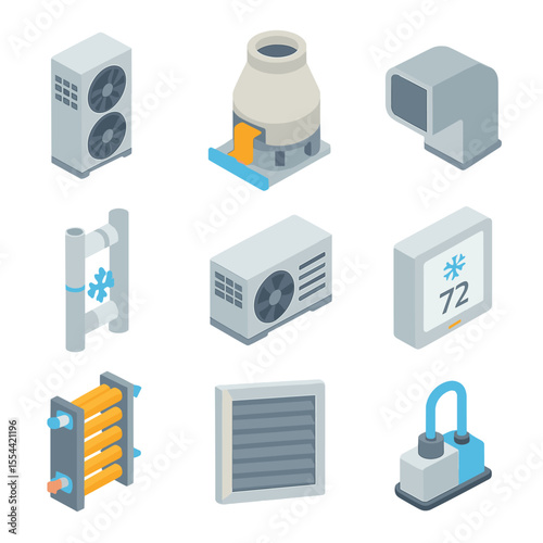 HVAC System Icons. Isometric Flat icon set of cooling and HVAC systems: CRAC unit, cooling tower, HVAC duct, chilled water pipe,