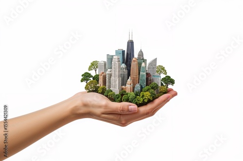 Hand Holding a Miniature City Surrounded by Trees