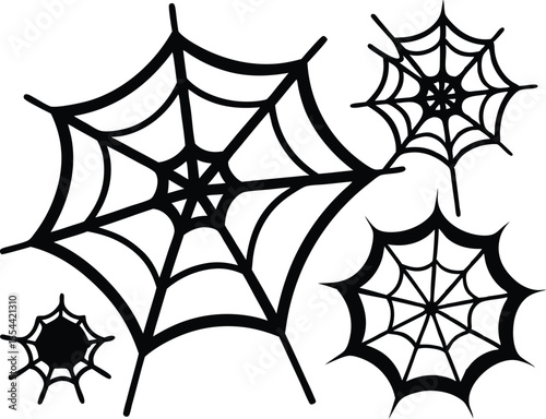 Spiders and spider web, silhouette vector set. Spiderweb varieties set. Black mesh patterns with halloween party ornament