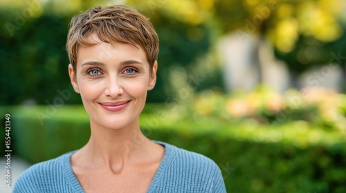 Smiling Woman with Short Hair in a Lush Garden Setting