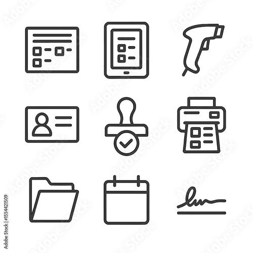 Immunization Icons Grid. Outline icon set of immunization record displays: vaccine card, digital record on tablet, barcode scanner