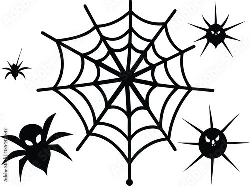 Spiders and spider web, silhouette vector set. Spiderweb varieties set. Black mesh patterns with halloween party ornament