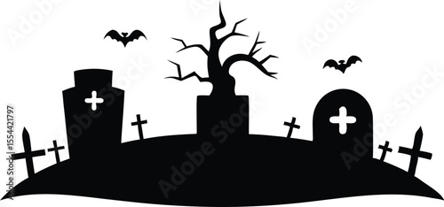 Halloween spooky graveyard black silhouette vector on white background