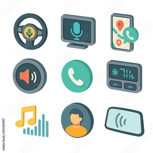In-Car Voice Control Icons. Isometric Flat icon set of in-car voice recognition controls: steering wheel with microphone,