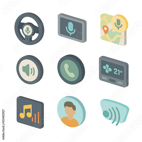 In-Car Voice Control Icons. Isometric Flat icon set of in-car voice recognition controls: steering wheel with microphone,