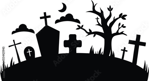 Halloween spooky graveyard black silhouette vector on white background