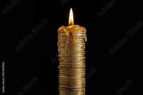Burning Candle Made of Stacked Coins on Black Background