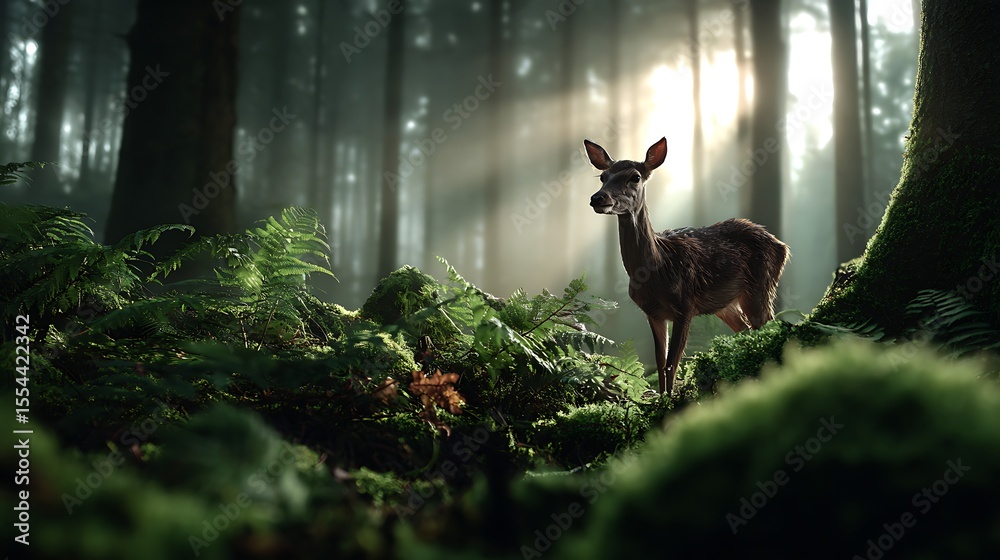 Fototapeta premium Misty green woodland scene with stag cinematic forest view peaceful nature background enchanted forest wildlife