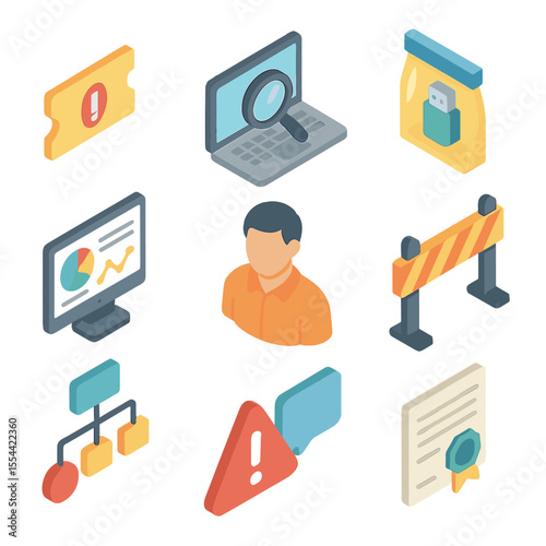 Incident Response Icons. Isometric Flat icon set of incident response workflow: incident ticket, forensics workstation, evidence