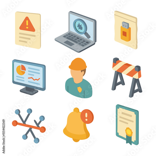 Incident Response Icons. Isometric Flat icon set of incident response workflow: incident ticket, forensics workstation, evidence
