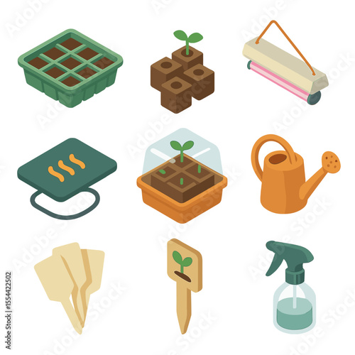 Indoor Seed Starter Icons. Isometric Flat icon set of indoor seed starting kits: seed tray, starter soil block, grow light, heat